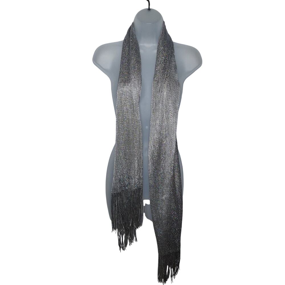 Vintage Y2K Skinny Scarf Silver Metallic Crochet Long Thin Slinky Fringe Wrap